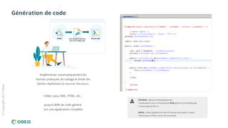 ©
Copyright
2021
Obeo
Génération de code
Implémenter automatiquement les
bonnes pratiques de codage et éviter les
tâches répétitives et sources d'erreurs.
Cibles: Java, XML, HTML, etc…
Jusqu’à 80% de code généré
sur une application complète
PACMAN : github.com/spi4j/pacman
●
Générateurs pour le framework SPI4J (github.com/spi4j/spi4j)
●
Licence Apache ASL v2
AWAX : https://gitlab.mim-libre.fr/memjs-dne-public.fr.awax
●
Générateur HTML à partir de Cinematic
 