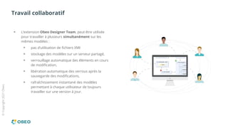 ©
Copyright
2021
Obeo
Travail collaboratif
L’extension Obeo Designer Team, peut être utilisée
pour travailler à plusieurs simultanément sur les
mêmes modèles :
pas d’utilisation de fichiers XMI
stockage des modèles sur un serveur partagé,
verrouillage automatique des éléments en cours
de modification,
libération automatique des verrous après la
sauvegarde des modifications,
rafraîchissement instantané des modèles
permettant à chaque utilisateur de toujours
travailler sur une version à jour.
 