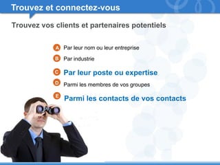 15 
Trouvez et connectez-vous 
Trouvez vos clients et partenaires potentiels 
Par leur nom ou leur entreprise 
Par industrie 
Par leur poste ou expertise 
Parmi les membres de vos groupes 
Parmi les contacts de vos contacts 
A 
B 
C 
D 
E 
 