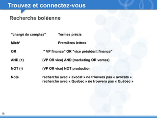 18 
Trouvez et connectez-vous 
Recherche boléenne 
"chargé de comptes" Termes précis 
Mich* Premières lettres 
OR " VP finance" OR "vice président finance" 
AND (+) (VP OR vice) AND (marketing OR ventes) 
NOT (-) (VP OR vice) NOT production 
Note recherche avec « avocat » ne trouvera pas « avocats » 
recherche avec « Quebec » ne trouvera pas « Québec » 
 