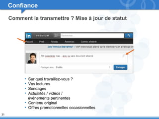 31 
Confiance 
Comment la transmettre ? Mise à jour de statut 
• Sur quoi travaillez-vous ? 
• Vos lectures 
• Sondages 
• Actualités / vidéos / 
événements pertinentes 
• Contenu original 
• Offres promotionnelles occasionnelles 
 