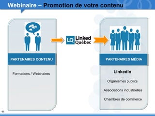 41 
Webinaire – Promotion de votre contenu 
PARTENAIRES CONTENU PARTENAIRES MÉDIA 
LinkedIn 
… 
Organismes publics 
… 
Associations industrielles 
… 
Chambres de commerce 
Formations / Webinaires 
 