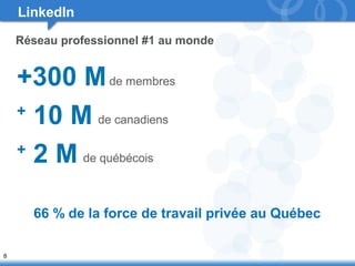 8 
LinkedIn 
Réseau professionnel #1 au monde 
+300 M 
+ 10 M 
+ 2 M 
de membres 
de canadiens 
de québécois 
66 % de la force de travail privée au Québec 
 