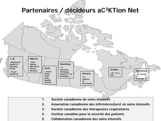 Partenaires / décideurs aC3KTion Net




C.-B.             Alberta
• Ministry of     • Noel
Health CC         Gibney,                      Manitoba
Working           Alberta CC
                                Sask.          • B.
Group             clinical
                                               Paunovic,                          Québec
• Fraser
                  Network       • Susan        Winnipeg                                          Maritimes
                                Shaw,                         Ontario             • M. Légaré,
Health CC                                      Head CC U of                                      • W. Patrick,
                                Chair,                                            SIQ
                                               Manitoba       • B.                               CC
                                Sask.                                                            Dalhousie U.
                                                              Lawless,
                                quality
                                                              CC
                                Council
                                                              Secretariat




                               1.         Société canadienne de soins intensifs
                               2.         Association canadienne des infirmières(iers) en soins intensifs
                               3.         Société canadienne des thérapeutes respiratoires
                               4.       Institut canadien pour la sécurité des patients
                               5.       Collaboration canadienne des soins intensifs
 