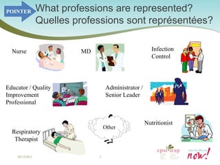 POINTER          What professions are represented?
                 Quelles professions sont représentées?

  Nurse                   MD                            Infection
                                                        Control




Educator / Quality                 Administrator /
Improvement                        Senior Leader
Professional


                                                     Nutritionist
                                   Other
  Respiratory
   Therapist

    02/12/2013                 5
 