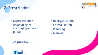 9
2. Prescription
• Durée estimée
• Assistance et
accompagnement
• Jalons
• Réorganisation
• Formalisation
• Planning
• Matériel
En pratique …
 