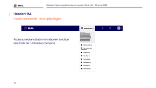 10
Webinaire "Recommandations pour la nouvelle IHM de HAL" - 25 janvier 2022
Header HAL
mode connecté - avec privilèges
Accès aux écrans d’administration en fonction
des droits de l’utilisateur connecté
 