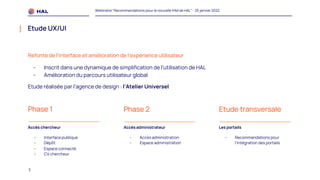 3
Webinaire "Recommandations pour la nouvelle IHM de HAL" - 25 janvier 2022
Etude UX/UI
Accès chercheur
- Interface publique
- Dépôt
- Espace connecté
- CV chercheur
Phase 1
Accès administrateur
- Accès administration
- Espace administration
Les portails
- Recommandations pour
l’intégration des portails
Phase 2 Etude transversale
Refonte de l’interface et amélioration de l’expérience utilisateur
- Inscrit dans une dynamique de simplification de l’utilisation de HAL
- Amélioration du parcours utilisateur global
Etude réalisée par l’agence de design : l’Atelier Universel
 