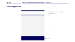 7
Webinaire "Recommandations pour la nouvelle IHM de HAL" - 25 janvier 2022
Structure générale
3. Navigation
1. Header & sous header HAL
4. Contenu de la page
5. Pied de page
2. Header site
 