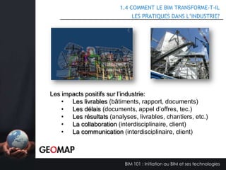 1.1.1 LES 10 VÉRITÉS DU B.I.M.
•
•
•
•
•
•
•
•
•
•

Le B.I.M. permet au design d’atteindre un haut niveau
Le « i » est plus important que le « b »
La couleur du B.I.M. est le vert
Le B.I.M. va bouleverser l’industrie
Les gouvernements devront prendre la charge
Les firmes devront s’unir
Un duo logiciel-professionnel
De nouveaux mandats
Les plateformes de logiciels sont à chemins croisés
Le B.I.M. est l’A.D.N. de la construction du future

BIM 101 : Initiation au BIM et ses technologies

 