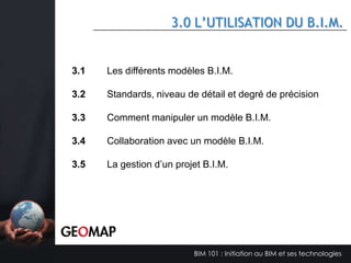 2.1 LES LOGICIELS ORIENTÉS VERS LE B.I.M.
Solution CAD et les solutions
connexes au B.I.M.
Autodesk AutoCAD
Autodesk AutoCAD Architecture
Autodesk AutoCAD Mechanical
Autodesk AutoCAD Structural
Autodesk AutoCAD Electrical
Autodesk AutoCAD ShowCase
Autodesk AutoCAD Structural
Autodesk Vasari
RayCréatis Achiwizard
SketchUP Pro
TurboCAD
DassaultSystème Catia
DassaultSystème SolidWorks
ProE Engineer
FormZ
GrassHopper
Rhino

Logiciels Type B.I.M.
Autodesk Naviswork
Autodesk Revit
Autodesk 3DS Max
Autodesk Quanti-Takeoff
Autodesk Inventor
Autodesk InfraWorks
Autodesk Robot Structural Analysis Professionnal
Graphisoft ArchiCAD
Bentley Architecture
Tekla Solution/Structure/Building
Digital Project – Gehry Technologies
VectorWorks / All Plan – Nemetschek
Idea Architectural
D Profiler

Services/solutions B.I.M. basées sur internet
Autodesk 360 GreenBuilding Desgin Studio
Autodesk 360 Structural Analysis
Autodesk 360 Rendering
Autodesk Buzzsaw

BIM 101 : Initiation au BIM et ses technologies

 