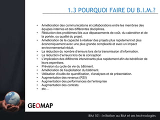 1.0 DÉFINITION ET PRINCIPES DU B.I.M.
1.1
1.2
1.3
1.4
1.5

La définition et l’origine du BIM
Pour qui est le BIM?
Pourquoi faire du BIM?
Comment le BIM transforme-t-il les pratiques de
l’industrie?
La réception du BIM dans l’industrie

BIM 101 : Initiation au BIM et ses technologies

 