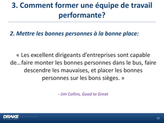 3. Comment former une équipe de travail
performante?
13
2. Mettre les bonnes personnes à la bonne place:
« Les excellent dirigeants d’entreprises sont capable
de...faire monter les bonnes personnes dans le bus, faire
descendre les mauvaises, et placer les bonnes
personnes sur les bons sièges. »
- Jim Collins, Good to Great
 