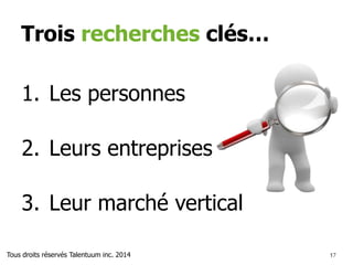 1717
Quelques sources d’information…
Personnes
• LinkedIn
• Pipl.com
Entreprises
• Sites web
• Alexa
• Social
mention
Marché vertical
• First research
• Google
scholar
Tous droits réservés Talentuum inc. 2014
 