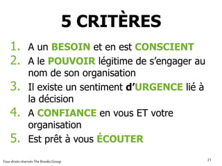 2121
Évaluer régulièrement
la qualité de vos leads !
OPPORTUNITÉ
Besoin &
conscient
Pouvoir
de
s’engager
Sentiment
d’urgence
Confiance Écoute TOTAL
ABC inc 0 1 0,5 0,5 1 2
XYZ inc 1 0,5 1 0,5 0,5 3
DEF Ltée 1 1 1 0,5 1 4,5
JKL Plus 0,5 1 0,5 1 0,5 3,5
Tous droits réservés The Brooks Group
 