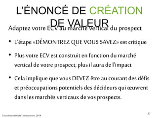 3737
Exemples de défis et préoccupations potentiels par marché vertical
L’ÉNONCÉ DE CRÉATION
DE VALEUR
TRANSPORT
• Délais trafic
• Vols de
marchandises
• Localisation de
flottes
• Coûts de carburant
• Conformitéaux
normes de sécurité
• Localisation des
marchandises
• Productivité parla
technologie
• Voyages vides (LTL)
• Etc.
MANUFACTUR
IER
• Optimisation des
crédits d’impôts
pour larecherche
• Santé/sécurité
• Qualité de la MO
• Productivité dela
MO
• Vol de matériel
• Temps d’arrêtdes
machines
• Coûts d’énergie
• Coûts d’entretien
• Innovation
• Etc.
SANTÉ
• Temps d’attente
• Télémédecine
• Utilisation des
appareils mobiles
• Accès aux soins
• Accès aux
connaissances
• Coûtsde marketing
• Intérêt en hausse
pour labouffe
santé
• Etc.
SERVICES
• Revenus
saisonniers
• Flux inégaux
• Collaborationvia
la technologie
• Génération de
leads
• Gestion de la
clientèle existante
• Marketing via
médias sociaux
• Gestion des coûts
fixes
• Etc.
RESTOS &
BAR
• Coûtsde
nourriture
• Contrôle des
inventaires
• Marketing médias
sociaux
• Loyauté client
• MOqualifiée
• Visibilité
• Notoriété
• Réputation
• Etc.
TousdroitsréservésTalentuuminc.2014
 