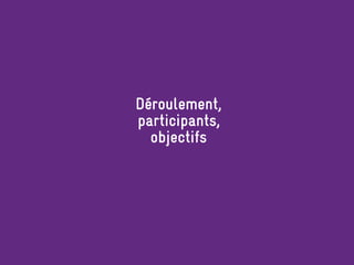 Déroulement,
participants,
objectifs
 