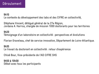 9h10
Le contexte du développement des labs et des CIFRE en collectivité,
Stéphane Vincent, délégué général de la 27e Région,
Jordana A. Harriss, chargée de mission 1000 doctorants pour les territoires
9h20
Témoignage d’un laboratoire en collectivité : perspectives et évolutions
Florian Graveleau, chef de service innovation, Département de Loire-Atlantique.
9h35
Le travail du doctorant en collectivité : retour d’expérience
Chloé Bour, Vice-présidente de l’AD CIFRE SHS
9h50 à 10h30
Débat avec tous les participants
Déroulement
 