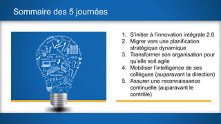 Sommaire des 5 journées
1. S’initier à l’innovation intégrale 2.0
2. Migrer vers une planification
stratégique dynamique
3. Transformer son organisation pour
qu’elle soit agile
4. Mobiliser l’intelligence de ses
collègues (auparavant la direction)
5. Assurer une reconnaissance
continuelle (auparavant le
contrôle)
 