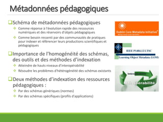 Métadonnées pédagogiques
Schéma de métadonnées pédagogiques
 Comme réponse à l'évolution rapide des ressources
numériques et des réservoirs d'objets pédagogiques
 Comme besoin ressenti par des communautés de pratiques
pour indexer et référencer leurs productions scientifiques et
pédagogiques
Importance de l’homogénéité des schémas,
des outils et des méthodes d’indexation
 Atteindre de hauts niveaux d’interopérabilité
 Résoudre les problèmes d'hétérogénéité des schémas existants
Deux méthodes d’indexation des ressources
pédagogiques :
 Par des schémas génériques (normes)
 Par des schémas spécifiques (profils d'applications)
 