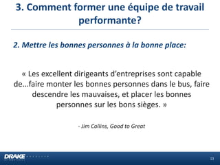 3. Comment former une équipe de travail performante? 
13 
2. Mettre les bonnes personnes à la bonne place: 
« Les excellent dirigeants d’entreprises sont capable de...faire monter les bonnes personnes dans le bus, faire descendre les mauvaises, et placer les bonnes personnes sur les bons sièges. » 
- Jim Collins, Good to Great 
 