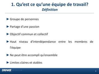 1. Qu’est ce qu’une équipe de travail? Définition 
►Groupe de personnes 
►Partage d’une passion 
►Objectif commun et collectif 
►Haut niveau d'interdépendance entre les membres de l'équipe 
►Ne peut être accompli qu’ensemble 
►Limites claires et stables 
4  