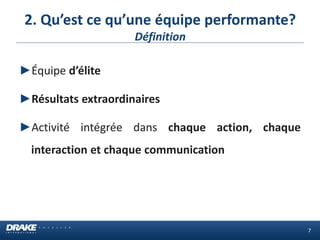 2. Qu’est ce qu’une équipe performante? Définition 
►Équipe d’élite 
►Résultats extraordinaires 
►Activité intégrée dans chaque action, chaque interaction et chaque communication 
7  
