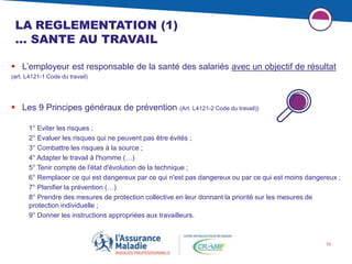 10
LA REGLEMENTATION (1)
… SANTE AU TRAVAIL
 L’employeur est responsable de la santé des salariés avec un objectif de résultat
(art. L4121-1 Code du travail)
 Les 9 Principes généraux de prévention (Art. L4121-2 Code du travail))
1° Eviter les risques ;
2° Evaluer les risques qui ne peuvent pas être évités ;
3° Combattre les risques à la source ;
4° Adapter le travail à l'homme (…)
5° Tenir compte de l'état d'évolution de la technique ;
6° Remplacer ce qui est dangereux par ce qui n'est pas dangereux ou par ce qui est moins dangereux ;
7° Planifier la prévention (…)
8° Prendre des mesures de protection collective en leur donnant la priorité sur les mesures de
protection individuelle ;
9° Donner les instructions appropriées aux travailleurs.
 