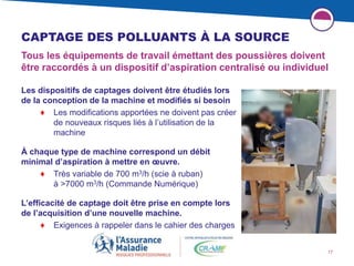 17
CAPTAGE DES POLLUANTS À LA SOURCE
Tous les équipements de travail émettant des poussières doivent
être raccordés à un dispositif d’aspiration centralisé ou individuel
Les dispositifs de captages doivent être étudiés lors
de la conception de la machine et modifiés si besoin
♦ Les modifications apportées ne doivent pas créer
de nouveaux risques liés à l’utilisation de la
machine
À chaque type de machine correspond un débit
minimal d’aspiration à mettre en œuvre.
♦ Très variable de 700 m3/h (scie à ruban)
à >7000 m3/h (Commande Numérique)
L’efficacité de captage doit être prise en compte lors
de l’acquisition d’une nouvelle machine.
♦ Exigences à rappeler dans le cahier des charges
 
