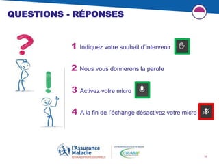 32
2 Nous vous donnerons la parole
1 Indiquez votre souhait d’intervenir
3 Activez votre micro
4 A la fin de l’échange désactivez votre micro
QUESTIONS - RÉPONSES
 