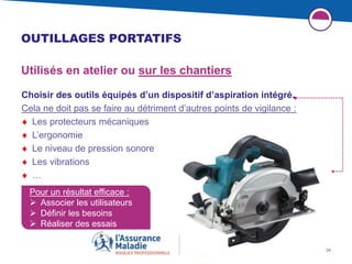 34
OUTILLAGES PORTATIFS
Utilisés en atelier ou sur les chantiers
Choisir des outils équipés d’un dispositif d’aspiration intégré.
Cela ne doit pas se faire au détriment d’autres points de vigilance :
 Les protecteurs mécaniques
 L’ergonomie
 Le niveau de pression sonore
 Les vibrations
 …
Pour un résultat efficace :
 Associer les utilisateurs
 Définir les besoins
 Réaliser des essais
 