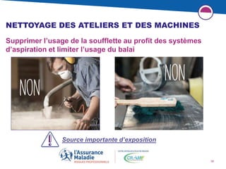 38
NETTOYAGE DES ATELIERS ET DES MACHINES
Supprimer l’usage de la soufflette au profit des systèmes
d’aspiration et limiter l’usage du balai
Source importante d’exposition
 
