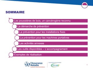5
SOMMAIRE
Les poussières de bois, un cancérogène reconnu
La démarche de prévention
La prévention pour les installations fixes
La prévention pour les machines portatives
Les activités annexes
Les outils disponibles – L’accompagnement
Exemples de réalisation
 