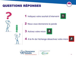 53
2 Nous vous donnerons la parole
1 Indiquez votre souhait d’intervenir
3 Activez votre micro
4 A la fin de l’échange désactivez votre micro
QUESTIONS RÉPONSES
 