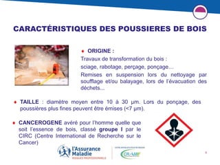 8
CARACTÉRISTIQUES DES POUSSIERES DE BOIS
 CANCEROGENE avéré pour l’homme quelle que
soit l’essence de bois, classé groupe I par le
CIRC (Centre International de Recherche sur le
Cancer)
 TAILLE : diamètre moyen entre 10 à 30 µm. Lors du ponçage, des
poussières plus fines peuvent être émises (<7 µm).
 ORIGINE :
Travaux de transformation du bois :
sciage, rabotage, perçage, ponçage…
Remises en suspension lors du nettoyage par
soufflage et/ou balayage, lors de l’évacuation des
déchets...
 
