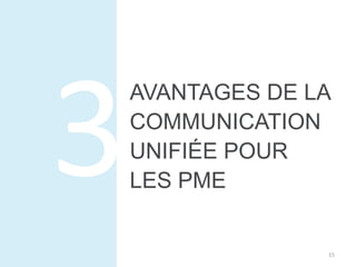 AVANTAGES DE LA 
COMMUNICATION 
UNIFIÉE POUR 
LES PME 
15 
 