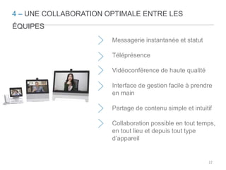 4 – UNE COLLABORATION OPTIMALE ENTRE LES 
ÉQUIPES 
Messagerie instantanée et statut 
Téléprésence 
Vidéoconférence de haute qualité 
Interface de gestion facile à prendre 
en main 
Partage de contenu simple et intuitif 
Collaboration possible en tout temps, 
en tout lieu et depuis tout type 
d’appareil 
22 
 