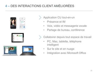 4 – DES INTERACTIONS CLIENT AMÉLIORÉES 
Application CU tout-en-un 
Collaborer depuis tout espace de travail 
23 
• Présence et IM 
• Voix, vidéo et messagerie vocale 
• Partage de bureau, conférence 
• PC, Mac, tablette, téléphone 
intelligent 
• Sur le site et en nuage 
• Intégration avec Microsoft Office 
 