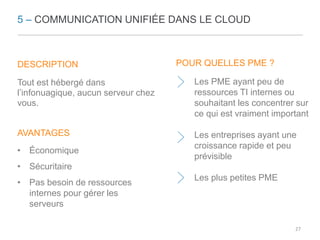 5 – COMMUNICATION UNIFIÉE DANS LE CLOUD 
DESCRIPTION 
Tout est hébergé dans 
l’infonuagique, aucun serveur chez 
vous. 
AVANTAGES 
• Économique 
• Sécuritaire 
• Pas besoin de ressources 
internes pour gérer les 
serveurs 
POUR QUELLES PME ? 
Les PME ayant peu de 
ressources TI internes ou 
souhaitant les concentrer sur 
ce qui est vraiment important 
Les entreprises ayant une 
croissance rapide et peu 
prévisible 
Les plus petites PME 
27 
 