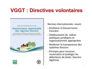 VGGT : Directives volontaires
Normes internationales visant:
- Améliorer la Gouvernance
Foncière
- Etablissement de cadres
politiques juridiques et
organisationnels appropriées
- Renforcer la transparence des
systèmes fonciers
- Principes pour recenser ,
reconnaitre et protéger les
détenteurs de droits fonciers
légitimes
8
 