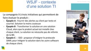 Nom de la formation, 2022
25
WSJF - contexte
d’une solution TI
La compagnie X à trois initiatives qui permettent de
faire évoluer le produit :
- Épopée A : Fournir des alertes au client par texto et
courriel. Solution la moins couteuse
- Épopée B : Transformer la solution en une solution
Cloud, alors que le produit actuel est installé chez
chaque client. La solution ne nécessite pas de refonte
de la BD.
- Épopée C : - SSO : proposer d’intégrer le protocole
SAML pour intégrer la solution dans les autre software
de chaque client.
 