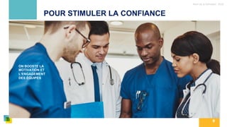Nom de la formation, 2022
9
POUR STIMULER LA CONFIANCE
ON AUGMENTE LA
CONCENTRATION SUR CE QUI
EST ESSENTIEL AUX ATTENTES
ON BOOSTE LA
MOTIVATION ET
L’ENGAGEMENT
DES ÉQUIPES
 