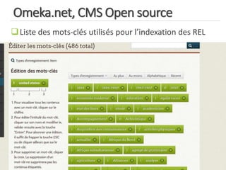 Omeka.net, CMS Open source
Liste des mots-clés utilisés pour l’indexation des REL
 
