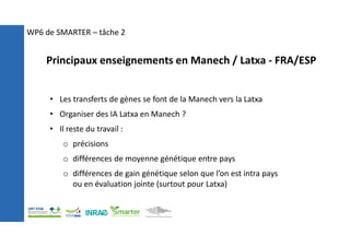 • Les transferts de gènes se font de la Manech vers la Latxa
• Organiser des IA Latxa en Manech ?
• Il reste du travail :
o précisions
o différences de moyenne génétique entre pays
o différences de gain génétique selon que l’on est intra pays
ou en évaluation jointe (surtout pour Latxa)
WP6 de SMARTER – tâche 2
Principaux enseignements en Manech / Latxa - FRA/ESP
 