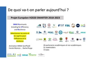 De quoi va-t-on parler aujourd’hui ?
Projet Européen H2020 SMARTER 2018-2023
26 partenaires académiques et non académiques
31 stakeholders
13 pays
SMAll Ruminants
breeding for Efficiency
and Resilience
Sélectionner les ovins et
les caprins pour
l’efficience et la
résilience
Animation INRAE GenPhySE
Carole Moreno … Rachel Rupp
 