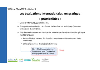 Les évaluations internationales en pratique
« practicalities »
– Visite d’Interbull (Uppsala-Suède).
– Enseignements tirés des cas d’étude de l’évaluation multi-pays (solutions
techniques & problèmes)
– Enquêtes exhaustives sur l’évaluation internationale - Questionnaire géré par
ICAR (5 langues)
• Acceptabilité de partager des données - Attentes et préoccupations – Races
intéressées
• cible : organisations de sélection et éleveurs
D6.4 – Modèle opérationnel /
économique pour l’indexation
multi-pays en ovins et caprins
Focus
WP6 de SMARTER – tâche 3
 