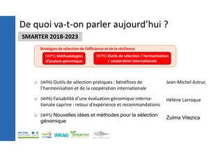 De quoi va-t-on parler aujourd’hui ?
SMARTER 2018-2023
o (WP6) Outils de sélection pratiques : bénéfices de
l’harmonisation et de la coopération internationale
o (WP6) Faisabilité d’une évaluation génomique interna-
tionale caprine : retour d’expérience et recommandations
o (WP5) Nouvelles idées et méthodes pour la sélection
génomique
Jean-Michel Astruc
Hélène Larroque
Zulma Vitezica
Stratégies de sélection de l’efficience et de la résilience
(WP5) Méthodologies
d’analyse génomique
(WP6) Outils de sélection / harmonisation
/ coopération internationale
 