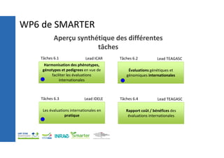 Aperçu synthétique des différentes
tâches
Harmonisation des phénotypes,
génotypes et pedigrees en vue de
faciliter les évaluations
internationales
Tâches 6.1 Lead ICAR
Évaluations génétiques et
génomiques internationales
Tâches 6.2 Lead TEAGASC
Les évaluations internationales en
pratique
Tâches 6.3 Lead IDELE
Rapport coût / bénéfices des
évaluations internationales
Tâches 6.4 Lead TEAGASC
WP6 de SMARTER
 