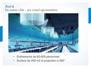 Aura
• Evénements de 60-600 personnes
• Surface de 450 m2 et projection à 360°
En centre ville – jeu visuel spectaculaire
 