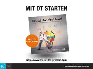 55
MIT DT STARTEN
http://hpi.de/school-of-design-thinking.html
http://www.wo-ist-das-problem.com
 